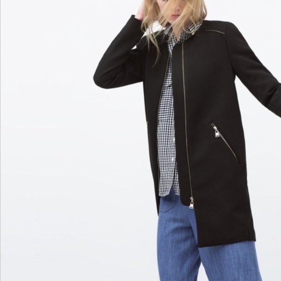 ZARA WOMAN Black Blogger Fave Round Neck Zip Front Long Line Coat, Size Small - Picture 4 of 11